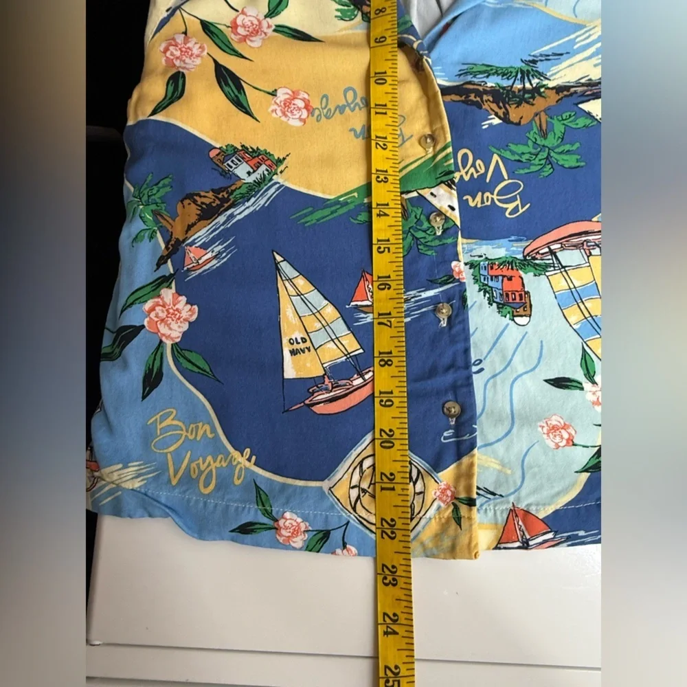 NEW Old Navy Women’s Button-Down Playa Shirt “Bon Voyage” Print Blue Sz S